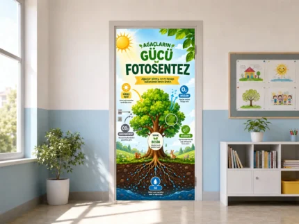 Ağaçların Gücü Fotosentez Okul Kapı Giydirme – Güneş, Su, Oksijen ve Bitkiler Eğitici Tasarım