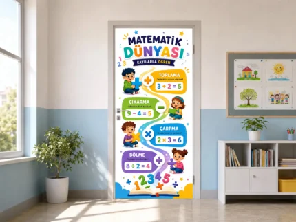 Matematik Dünyası Temalı Okul Kapı Giydirme – Dört İşlem Eğitici Tasarım