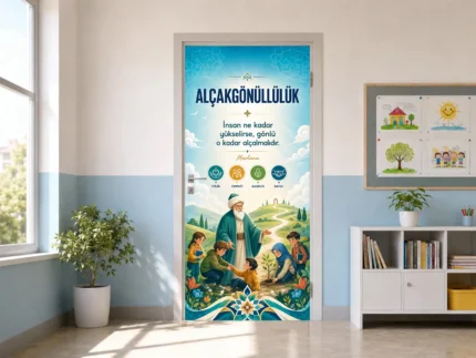 Alçakgönüllülük Temalı Okul Kapı Giydirme – Mevlana ve Değerler Eğitimi Tasarımı
