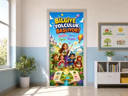 Bilgiye Yolculuk Okul Kapı Giydirme – Keşfet, Dene, Öğren ve Paylaş Temalı Eğitici Tasarım